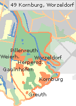 Kornburg und  Worzeldorf in der Außenstadt Süd Nürnberg, Lage der Stadtteile im Stadtplan