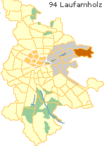 Laufamholz mit Freiland, Lage der Stadtteile im Stadtgebiet von Nürnberg