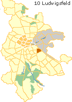 Ludwigsfeld  in der Oststadt Nürnbergs,  Lage der Stadtteile im Stadtplan