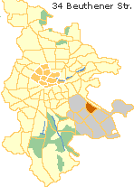 Wohnen bei der Beuthener Straße in der Südoststadt Nürnberg, Lage des Bezirkes im Stadtplan