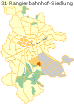  Rangierbahnhofsiedlung in der Südoststadt  Nürnberg, Lage des Stadtteils im Stadtplan