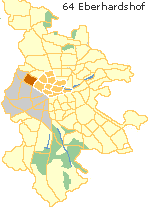 Eberhardshof ganz an der Quelle in der Weststadt Nürnbergs,  Lage der Stadtteile im Stadtplan